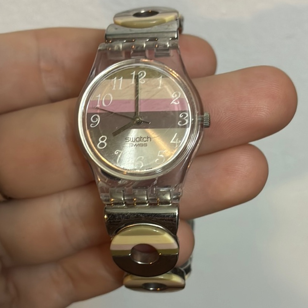 Swatch Swiss Pink Brown Cream Striped Watch Ring Stainless Steel Band 2004